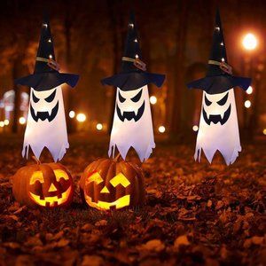 3Pcs Halloween Decorations Outdoor Decor Hanging Lighted Glowing Ghost Witch Hat